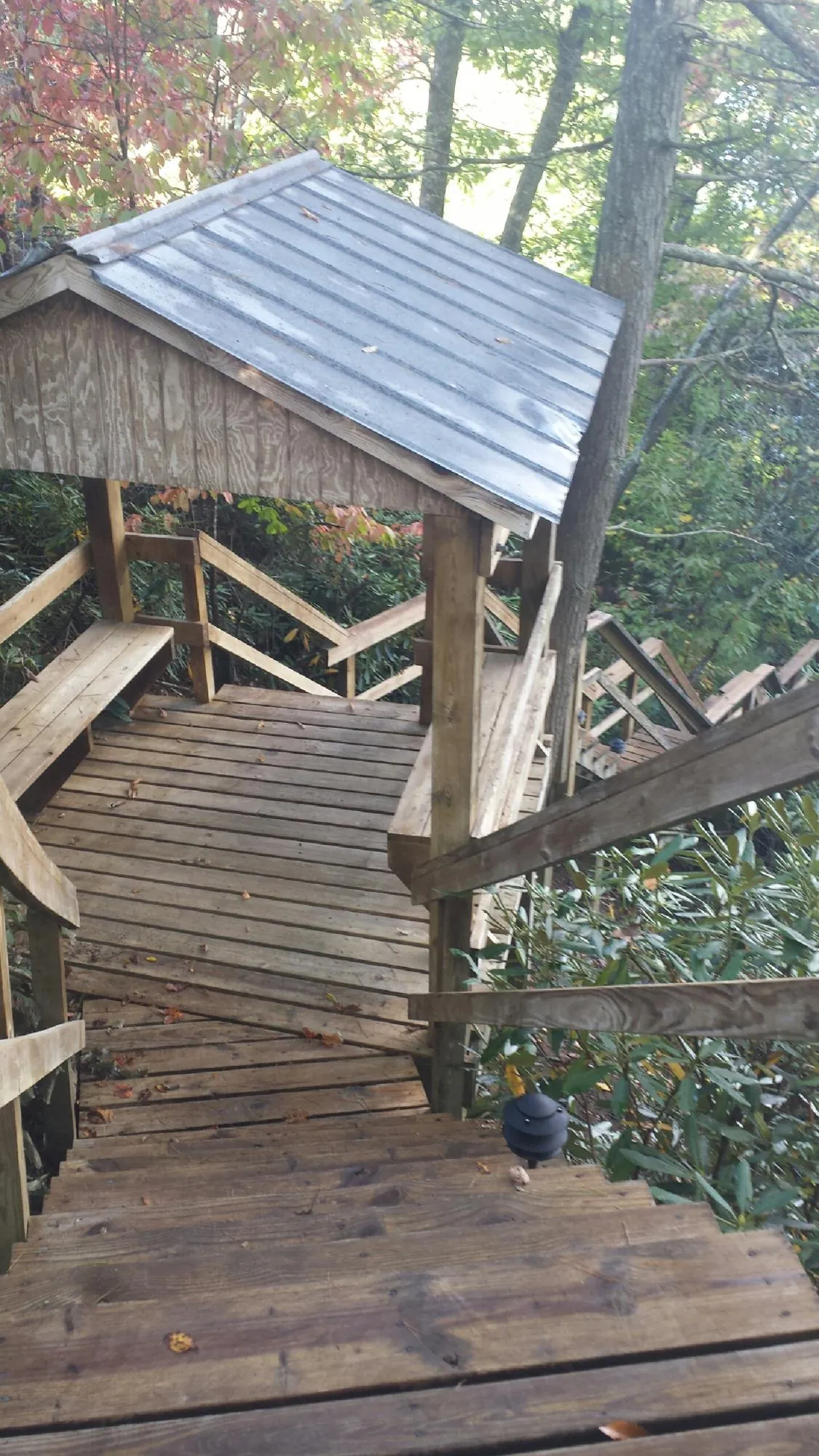 Metal roofed shelter over wooden steps on a wooded walkway — Skylight Repair & Installation work by our crew in Bolivia